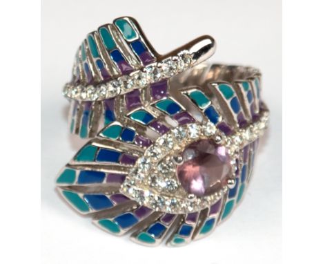  Ring in Form einer Pfauenfeder, 925er Silber, emailliert, amethystfarbener und weiße Zirkonia, RG 54, Innen-Dm. 17,2 mm