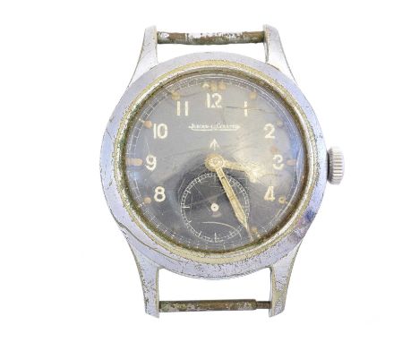 A Jaeger Le Coultre military watch, the black signed dial with luminous Arabic hour markers, broad arrow mark, outer minutes 