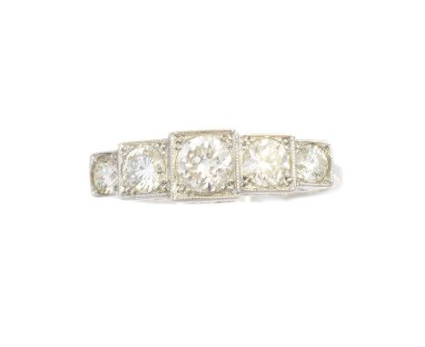 A diamond five stone ring, the brilliant cut diamond line within square collet settings, estimated total diamond weight 1ct, 