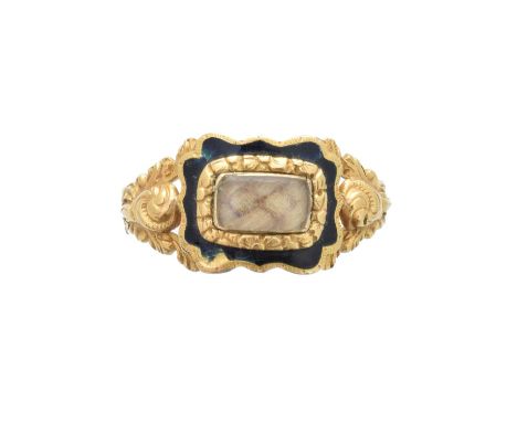 An 18ct gold William IV mourning ring, the rectangular glazed hairwork panel within a black enamel surround and foliate shoul