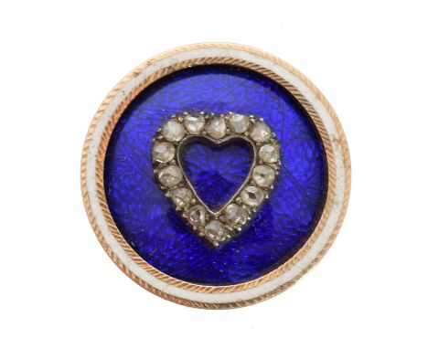 A diamond and enamel jewellery component, the rose cut diamond heart within a blue and white enamel circular surround, diamet