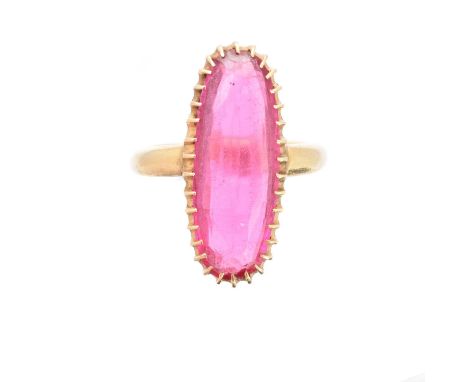 A synthetic ruby single stone ring, the oval shape synthetic ruby inset to the polished band, ring size K1/2, gross weight 8.