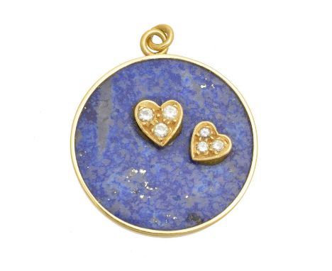 An 18ct gold diamond and lapis lazuli pendant, the lapis lazuli disc with brilliant cut diamond heart accents, estimated tota