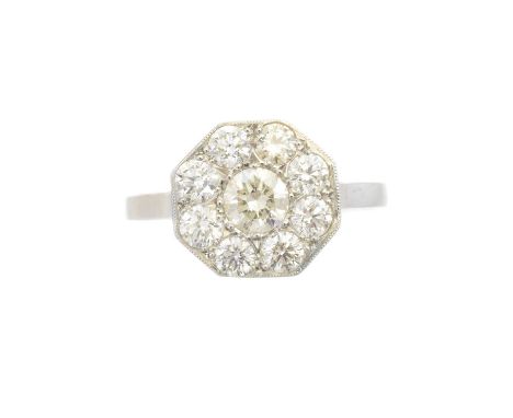 A diamond cluster ring, the brilliant cut diamond within a similarly cut diamond octagonal surround, estimated total diamond 
