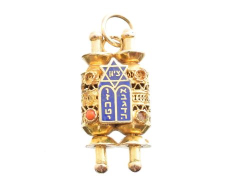 An enamel pendant, designed as a Torah scroll, with blue enamel and orange paste detailing, length 3.3cm, gross weight 4.5g.C