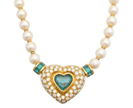 An emerald, diamond and cultured pearl necklace, the heart shape emerald within a pavé set diamond surround, with square shap