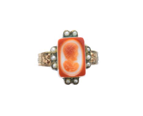 A Victorian cameo ring, the rectangular hardstone cameo depicting a classical profile, with split pearl surround, ring size P
