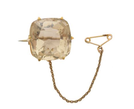 A citrine brooch, the cushion shape citrine within a six claw setting, dimensions of citrine 19.5 x 18.8 x 15.65mm, gross wei