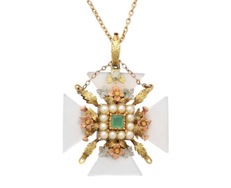 An early 19th century chalcedony Maltese cross pendant, circa 1830, the square shape chrysoprase and split pearl cluster with