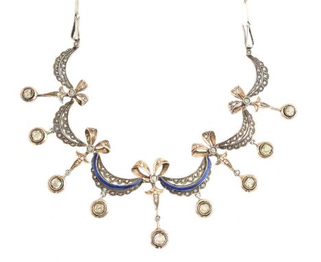 An early 20th century enamel and diamond festoon necklace, the rose cut diamond bow and blue enamel swag alternating links su