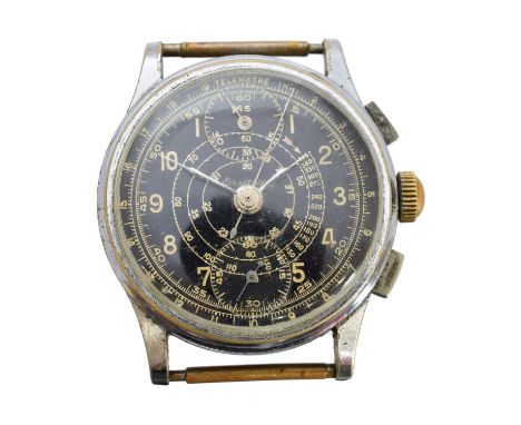 A 1940s Breitling Telemetre Chronograph watch, the black signed dial with Arabic hour markers, subsidiary dials to 12 and 6, 