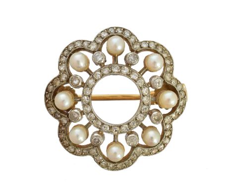 An early 20th century seed pearl and diamond brooch, the single cut diamond hoop within a similarly cut diamond and split pea