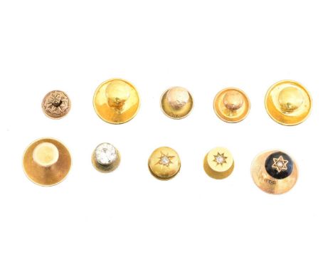 A selection of dress studs, two set with diamonds, one enamel and split pearl, lengths 0.6 to 0.9cm, gross weight 10g. (10)Co