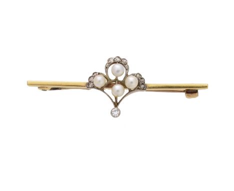 An early 20th century seed pearl and diamond brooch, the seed pearl, single and rose cut diamond openwork fleur-de-lis atop t
