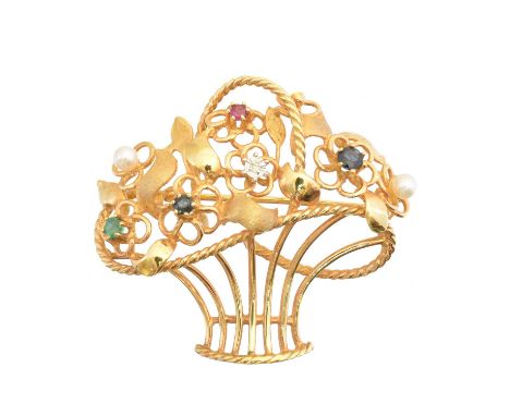 A vari gem jardinière brooch, the openwork basket with diamond, emerald, sapphire, ruby and cultured pearl floral sprays, len