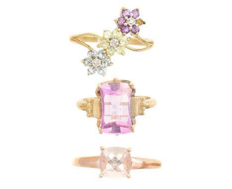 Three gem set dress rings, to include a 9ct gold morganite single stone ring, a pink sapphire single stone ring, and a 9ct go