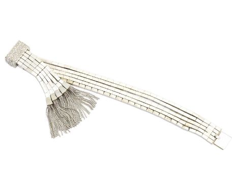A mid 20th century diamond bracelet, designed as a five strand bracelet with geometric links, to the single cut diamond push 
