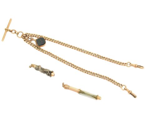 A 9ct gold Albert chain, of typical design suspending a hardstone swivel fob, together with two gold plated mechanical pencil