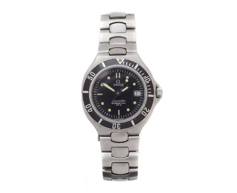 A stainless steel Omega Seamaster 200m quartz watch, the black signed dial with luminous dot, baton hour markers and rotating