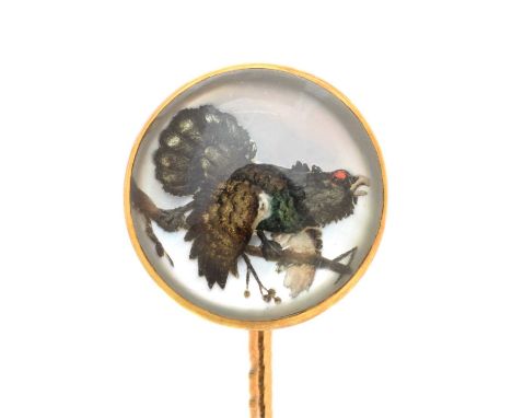 An early 20th century reverse carved intaglio stickpin, by Ernst Paltscho, the revserse carved intaglio depicting a capercail