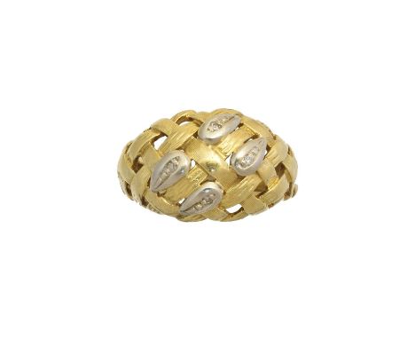 A diamond bombe ring, of woven design, with single cut diamond accents, stamped 750, ring size L, gross weight 5.3g.Condition