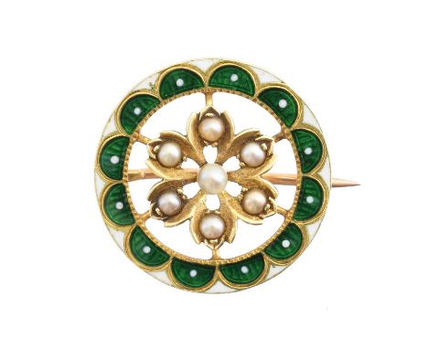An early 20th century enamel and pearl brooch, the seed and split pearl floral cluster within a white and green enamel surrou