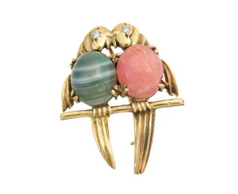A vari gem brooch, designed as a pair of parrots, with brilliant cut diamond eyes, and each with an oval agate and rhodochros