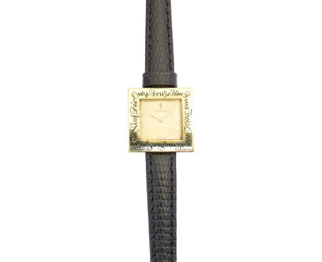 An 18ct gold Corum watch, the square shape gold-tone signed dial with maker's logo to 12, black enamel French numbers to beze