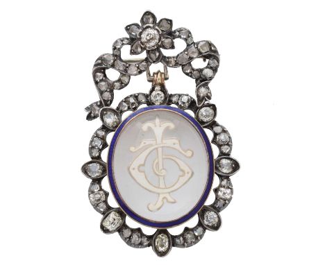 A late 19th century diamond and rock crystal brooch, the oval rock crystal cabochon with reverse carved intaglio monogram det