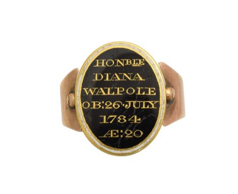 A George III swivel mourning ring, with black enamel panel inscribed 'Honble Diana Walpole Ob:26 July 1784 Ae: 20' and hair p