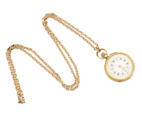 An 18ct gold open face pocket watch, the circular dial with blue roman numeral hour markers, subsidiary dial to 6 and gilt en