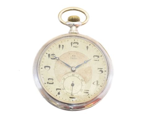 A silver open face pocket watch by Omega, the silver tone signed dial with arabic hour markers, subsidiary seconds dial to 6 