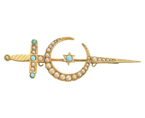 An early 20th century split pearl crescent brooch, the split pearl crescent with split pearl and blue paste sword and star de