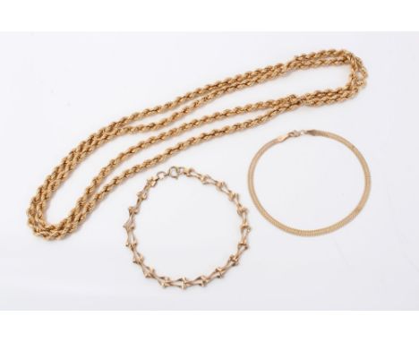 Gold (18ct) ropetwist chain, 84cm long, together with two gold (9ct) bracelets CONDITION REPORT Gold (18ct) chain weighs 22.4