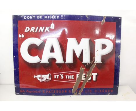 Large enamel advertising sign 'Don't be misled Drink Camp it's the Best', 102cm overall width