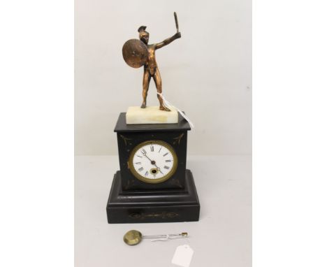 Late 19th century mantel clock with French timepiece movement and white enamel dial with Roman numerals, in a black slate cas