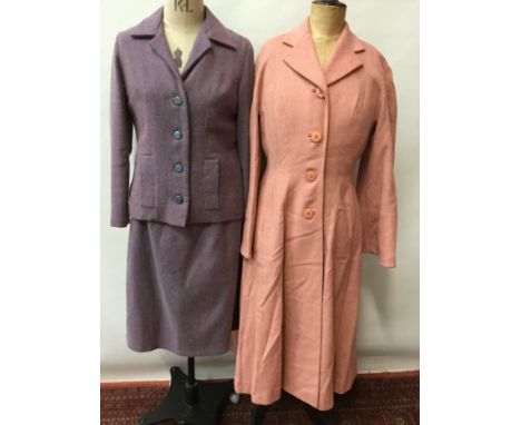 Ladies' 1950s / early 1960s clothing - pink and blue tweed skirt suit with blue silk lining, a pink wool long coat with fitte
