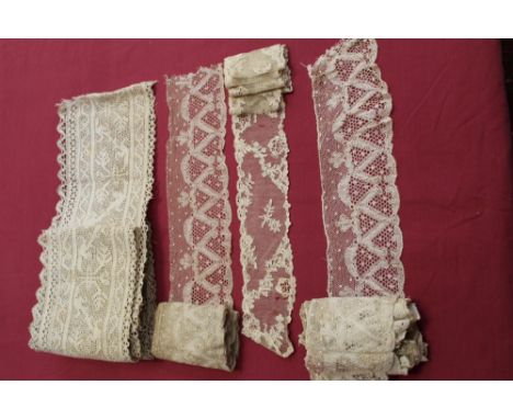 19th century needle-made Reticella linen lace length 3 metres approximately x 15cm wide, plus two lengths of handmade Brussel