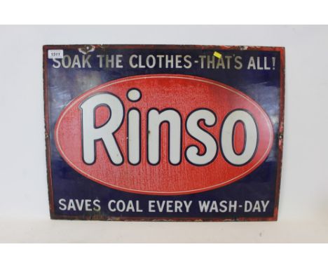 Vintage Rinso enamel advertising sign - 'Soak the clothes that's all!  Saves Coal Every Wash-Day', 61cm x 45cm