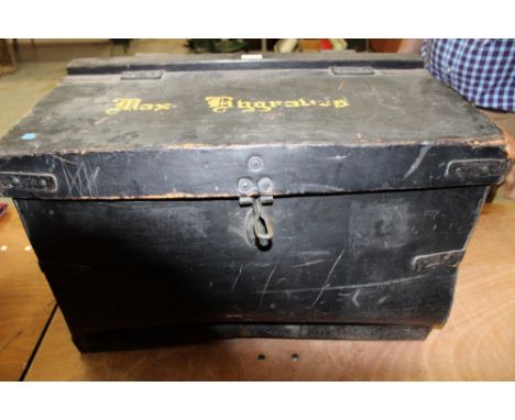 Leather trunk with Max Bygraves in gold lettering, two locks, performance hats and accessories