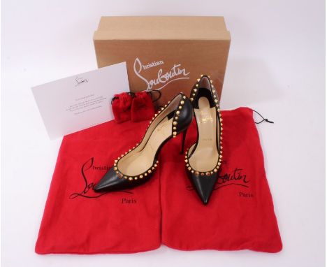 Authentic Christian Louboutin black / gold studded 100 leather shoes, in original box, each shoe with soft red cloth bag, spa