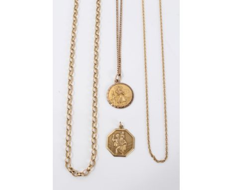 Two gold (9ct) St. Christopher pendants and three chains CONDITION REPORT 19.6g total weight