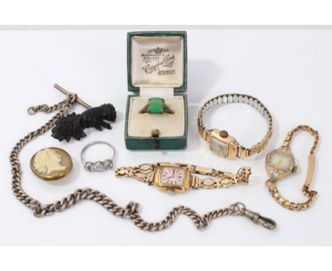 Silver Albert chain, three ladies' vintage gold plated wristwatches, cameo brooch, one other brooch and two dress rings