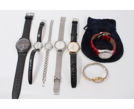 Mappin gold cased wristwatch on black leather strap, together with various other wristwatches