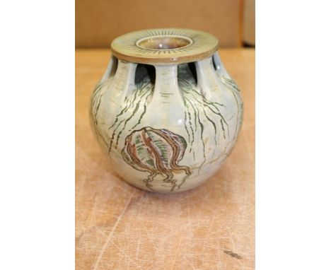 Early 20th century Martin Brothers pottery vase of bulbous form, with reticulated rim, incised jellyfish ornament, signed to 
