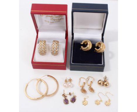 Pair gold (18ct) hoop earrings, pair gold (14ct) half hoop diamond set earrings and group yellow metal earrings CONDITION REP