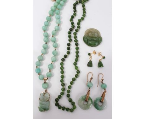 Group of jade and Chinese hardstone jewellery - to include two necklaces, two pairs of earrings and a carved pendant