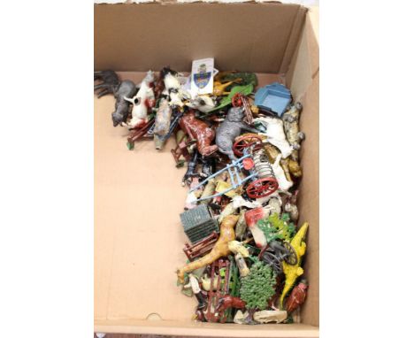 Selection of Britains lead farm and zoo animals, farm implements and figures, army figures, plus Mickey Mouse toy magic lante