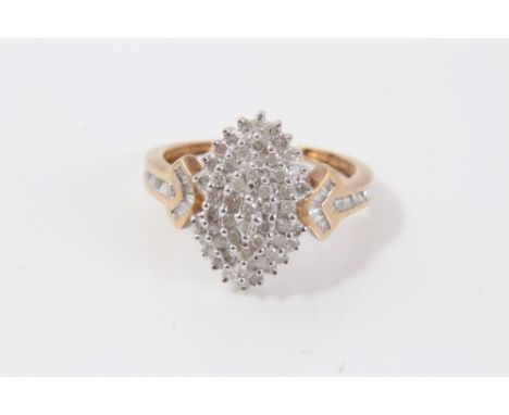 Gold (9ct) marquis diamond cluster ring with diamond set shoulders, estimated to weigh approximately 0.50 carats in total.  R