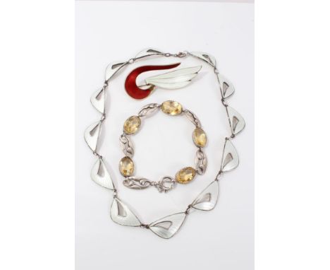 Norwegian silver and white enamel panel necklace, Norwegian silver and enamel brooch and a silver and citrine bracelet 